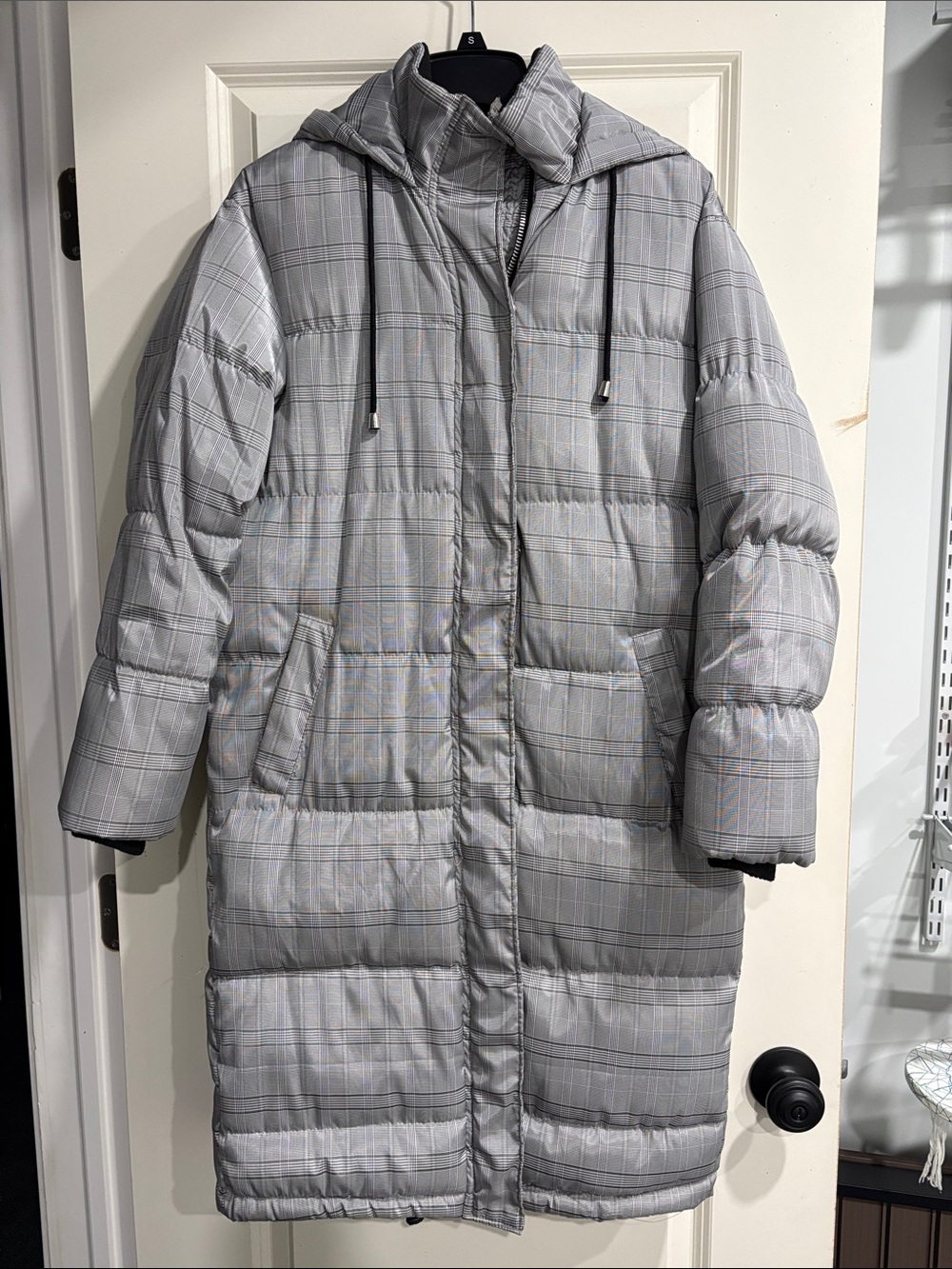 Forever 21 Light Gray Plaid Long Hooded Puffer Coat